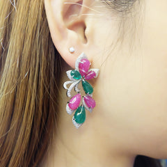 Emerald Ruby Blossom Diamond Earrings