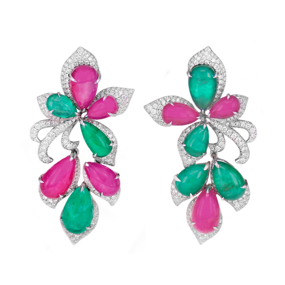 Emerald Ruby Blossom Diamond Earrings