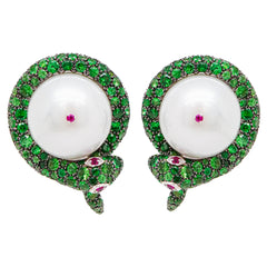 Tsavorite & Ruby Serpent Pearl Earrings